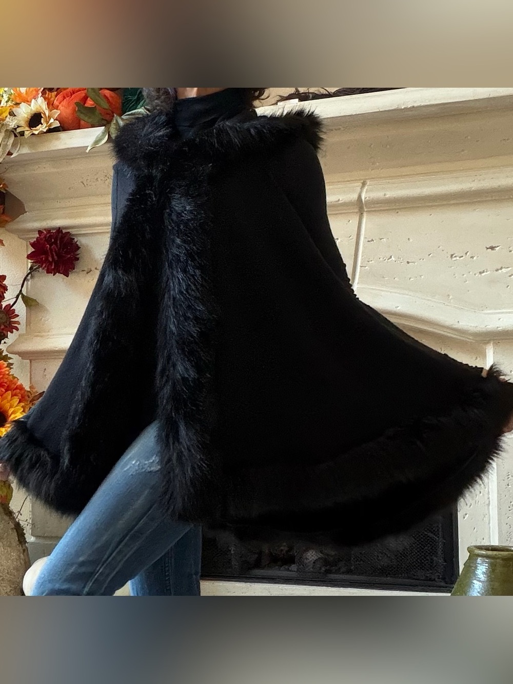 Vintage Red Rose Black Faux Fur Trim Hooded Cape Poncho Asymmetrical-one size
